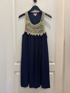 Lilly Pulitzer Navy Dress with Gold Crochet Yoke Detail